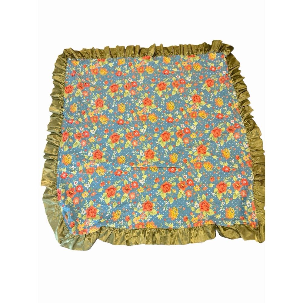 Matilda Jane No Reservations Blue Floral Green Ruffle Trim Blanket Appx 58 x 56”